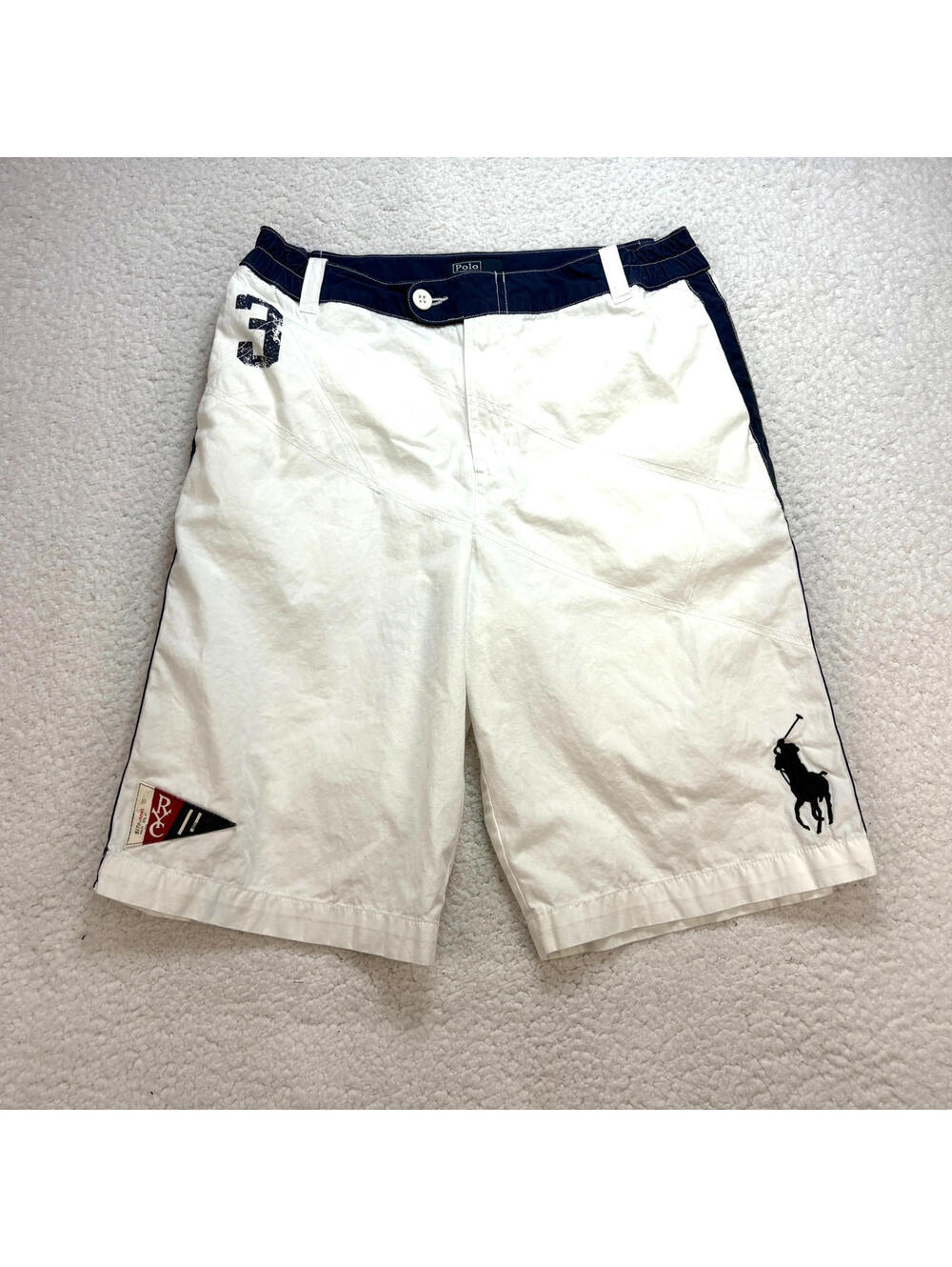 Polo Ralph Big Pony Flag Board Shorts Boys Size 18 White Navy USA #3 Swimwear